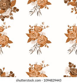 Gipsy seamless pattern, floral watercolor design: garden zinnia flower, eucalyptus branch, thyme, greenery leaves, butomus. Millefleurs background print for textile, wallpaper, covers. Brown tones.