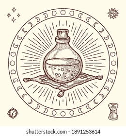 Gipsy style Magic Symbol of Glass Bottle with Poison Potion. Engraving style, Boho and Vintage. Astrological Mystery Set with Dial, Hourglass, Star, Sun and Moon. Print for T-shirt, Poster, Tarot card