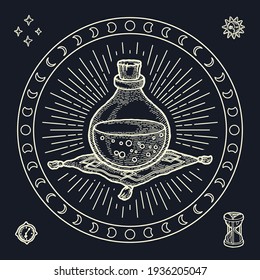 Gipsy style Magic Symbol of Glass Bottle with Poison Potion. Engraving style, Boho and Vintage. Astrological Mystery Set with Dial, Hourglass, Star, Sun and Moon. Print for T-shirt, Poster, Tarot card