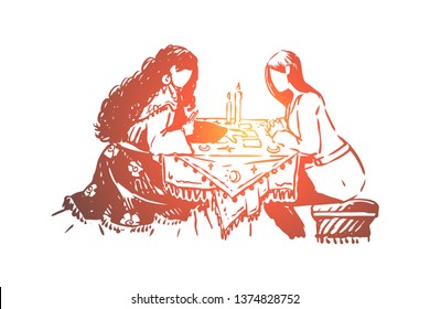 Gipsy woman, fortune teller and client, fate prediction, future forecast, visit to soothsayer. Fortune telling session, divination on tarot cards concept sketch. Hand drawn vector illustration