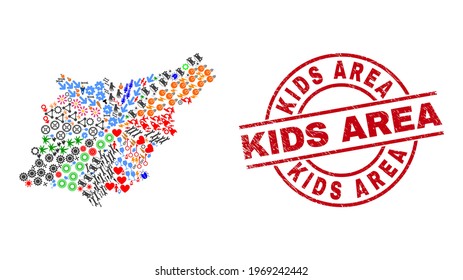 Gipuzkoa Province map mosaic and distress Kids Area red circle stamp seal. Kids Area stamp uses vector lines and arcs. Gipuzkoa Province map mosaic includes gears, houses, wrenches, suns, hands,