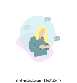 Gir looking at her mobile texting a message.  Young woman interact in social media apps. Flat vector illustration. Social networks and electronic devices addiction concept. 