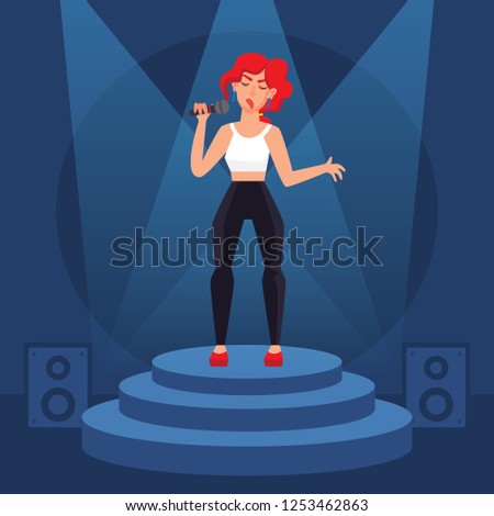 Gir singing on stage. Flat style vector illustration. Karaoke night concept