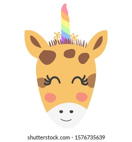 Giracorn. cute funny giraffe with a unicorn horn, Scandinavian style flat design. Concept for children print.