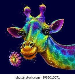 Giraffe. Abstract, colorful, neon portrait of a cute giraffe with a flower on a dark blue background in the style of pop art. Digital vector graphics. Background on a separate layer.