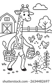 A giraffe is actively watering the plants that are located on a beautiful farm, showcasing its unique abilities and characteristics