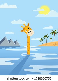 giraffe admires the sky. Giraffe in the sea. Floats. Good animal. Summer weather.