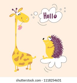 A giraffe from Africa and a hedgehog forest animal friends. Vector illustration of hedgehog and giraffe suitable for children's books, clothes, cards. Fabric decoration