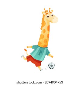 Giraffe African animal playing soccer. Cute football mascot in sports uniform with ball cartoon vector illustration