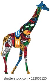 Giraffe in the African ethnic pattern on a white background