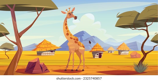 Giraffe in african savanna , landscape scene illustration