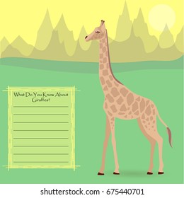 A Giraffe Against Symplistic Nature Background and Poster with Space for Interesting Facts about this Animal. Educational Card for Childrens Schooling. Vector EPS 10