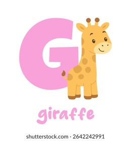 Giraffe alphabet letter G cute animal illustration. Cartoon giraffe with pink g. Baby animal abc learning art.
