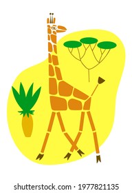 Giraffe among trees of savanna on yellow background. Vector color image.