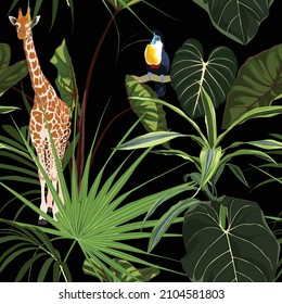 Giraffe anima with tropical green leaves and flowers. Cartoon exotic seamless illustration repeating pattern on black background. Floral wallpaper.