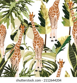 Giraffe anima with tropical green leaves and flowers. Cartoon exotic seamless illustration repeating pattern on white background. Floral wallpaper.