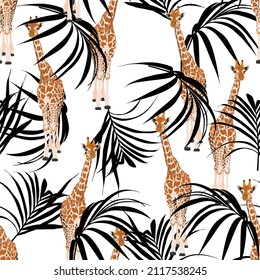 Giraffe anima with tropical palm leaves. Cartoon exotic seamless illustration repeating pattern on white background. Floral wallpaper.