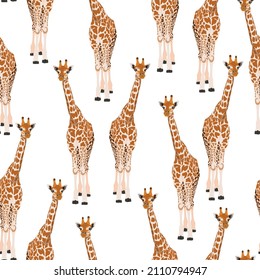 Giraffe animal. Cartoon exotic seamless illustration repeating pattern on white background. Floral wallpaper.