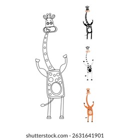 giraffe animal cartoon picture, showing its muscle strength, suitable for small children's milk promotion, line drawing, and color