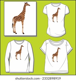 GIRAFFE ANIMAL GRAPHIC DESIGN WITH VARIOUS MOCK UP GIRLS WOMEN SHORT SLEEVE T SHIRT, FULL SLEEVE T SHIRT TYPES VECTOR ILLUSTRATION