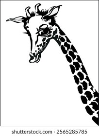 giraffe, animal, illustration, vector, black, white, one, neck, fauna, savanna