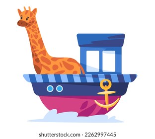 Giraffe animal journey in ship sail boat colorful character sea adventure marine travel