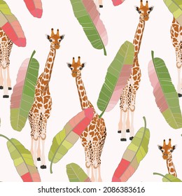 Giraffe animal with tropical bananas leaves. Cartoon exotic seamless illustration repeating pattern on vintage light background. Floral wallpaper.