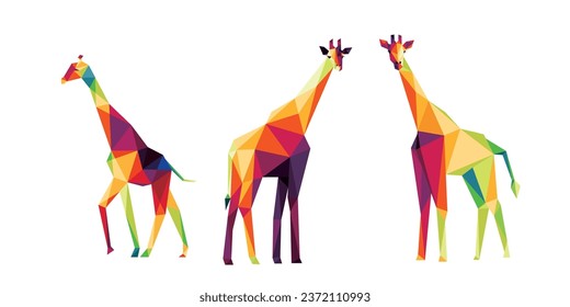 Vector de animales de jirafa instalado en polígono colorido bajo pozo. Colección de resumen de jirafa de color completo. Polígono del logo de la jirafa colorida