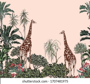 Giraffe Animals in Palm Trees Hand Drawn Illustration, Tropical Plants, Oleander Flowers Seamless Border Landscape View on Pink Background