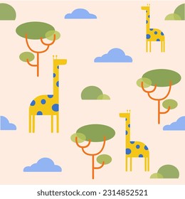 Giraffe animl with tabstract tree . Cartoon exotic seamless illustration repeating pattern on white background. Floral wallpaper.