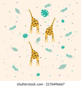 Giraffe animl with tropical palm leaves. 