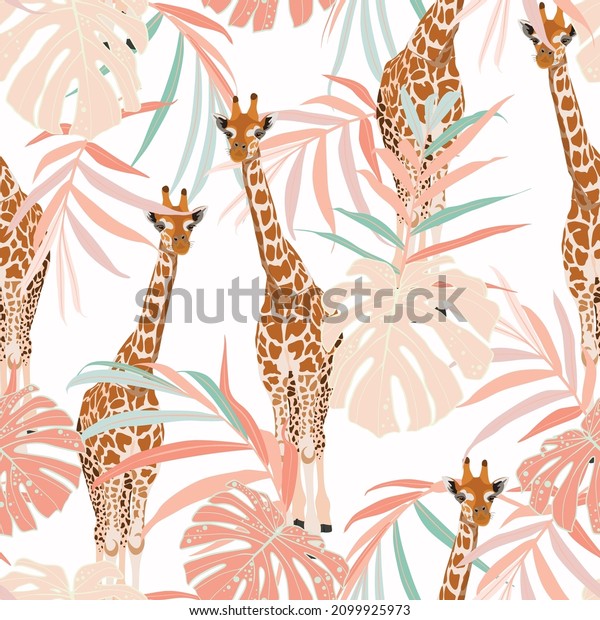 Giraffe animl with tropical palm leaves. Cartoon exotic seamless illustration repeating pattern on white background. Floral wallpaper.