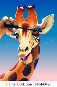 Giraffe is applying the mascara on her eyelashes. Vector illustration.
