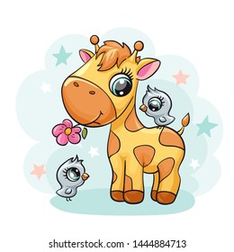 Giraffe baby with bird and flower cute print. Sweet tiny friends with star. Cool african animal illustration for nursery t-shirt, kids apparel, birthday card, invitation. Simple for pajamas and playro