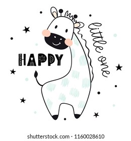 Giraffe baby cute print. Sweet camelopard. Happy little one text slogan. Cool african animal illustration for nursery t-shirt, kids apparel, invitation, simple scandinavian child design.
