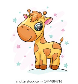 Giraffe baby cute print. Sweet tiny zoo. Cool african animal with star bsckground illustration for nursery t-shirt, kids apparel, birthday card, invitation. Simple for pajamas and playroom decor