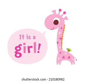 Giraffe Baby Girl Announcement Card