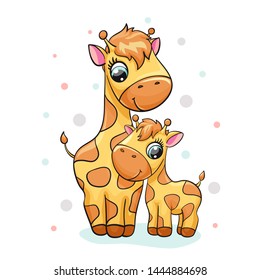 Giraffe baby with mom cute print. Sweet tiny family on s on polka dot. Cool african mother and child animal for nursery t-shirt, kids apparel, birthday card invitation, pajamas and playroom decor