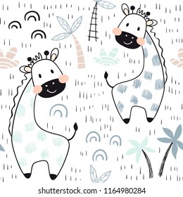 Giraffe baby seamless pattern. Scandinavian cute print. Cool african animal illustration for nursery t-shirt, kids apparel, invitation cover, simple child background design. Baby shower card