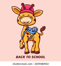 Giraffe back to school for children book or flash card, mascot, logo, sticker, outfits, or clipart. A simple vector character 