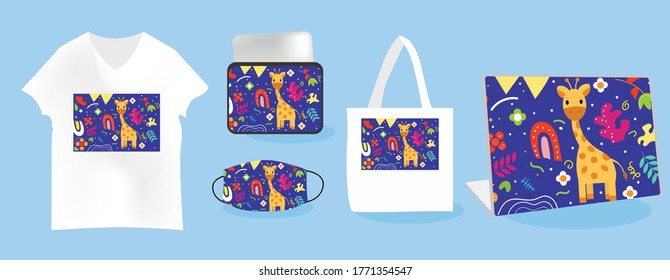 Giraffe background with Mockup templates vector illustration. tote bag, pouch, t-shirt, mask, skin laptop