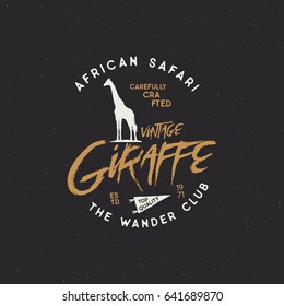 Giraffe badge. Typography design. Stock Vector isolated on black background. retro insignia. Rustic design.