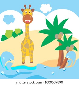 Giraffe in the beach. cartoon vector illustration