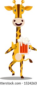 Giraffe with beer, illustration, vector on white background.