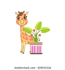 Giraffe Behind The Flower In Pot Outlined Flat Vector Illustration In Cute Girly Cartoon Style Isolated On White Background