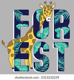 GIRAFFE BEHIND THE WORD FOREST AND LOOKING OUT FROM A LETTER O