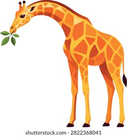 giraffe bending neck to nibble leaf, side profile facing left, full body, African herbivore, decorative vector illustration