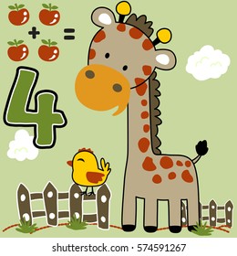 giraffe and bird learn to count the fruits vector cartoon illustration