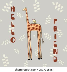 Giraffe and bird postcard for congratulation, birthday or any other   case