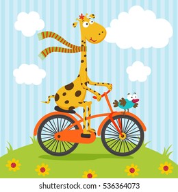 giraffe and bird riding on bicycle  - vector illustration, eps
